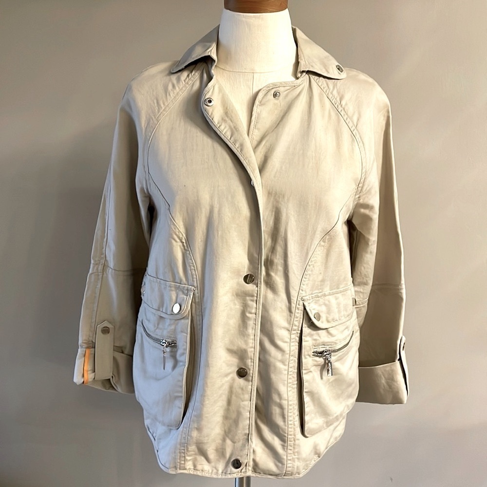 NWOT BERNARDO women’s LINEN bomber / cargo / utility JACKET snap front tan XS